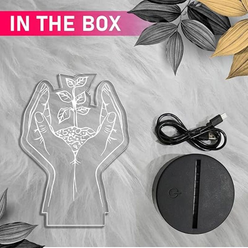 3D Illusion Plant in Hand Acrylic Led Lamp  Motivational Image Save Tree Night Lamp  Gift Lover Nature & Plant Lover  7 Color Changing Light